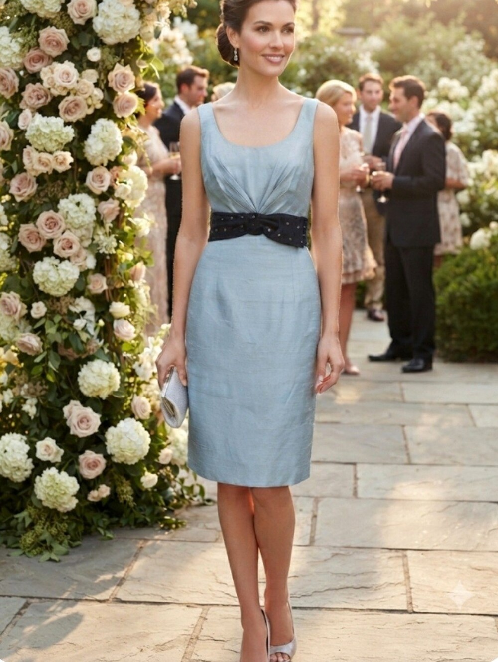 Kay Unger Blue Raw Silk Pintuck Bodice Sleeveless Dress Size 6